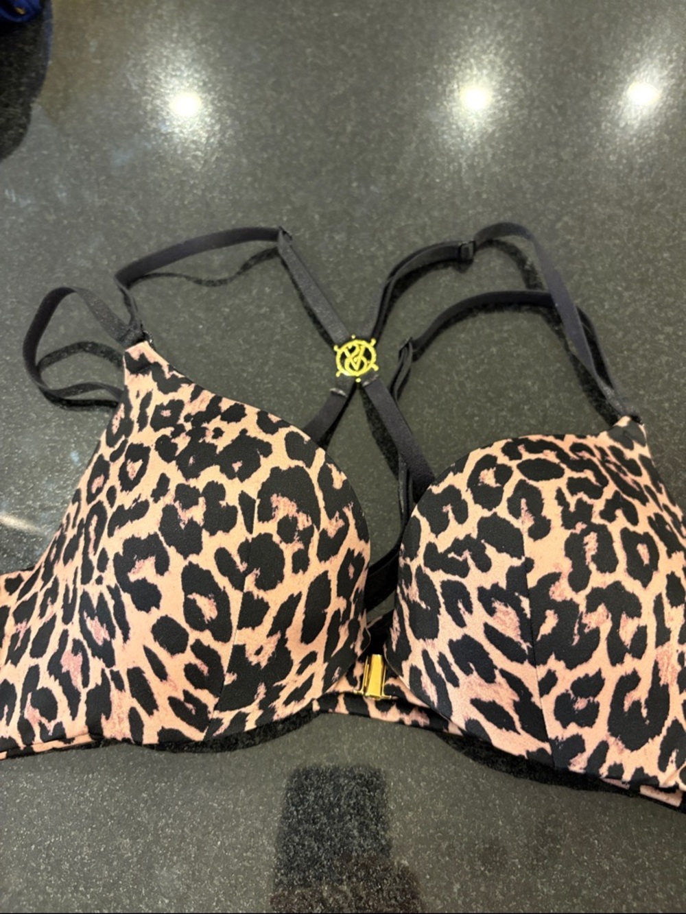 Victoria's Secret Pink and Black Leopard Push-Up Bra with front Gold Accent